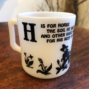 Mid Century 1950&#39;s H is for Horse Children&#39;s Milk Glass 6 oz. Mug by Hazel Atlas - Vintage Child&#39;s Mug - 1950s Farmer / Farming Decor