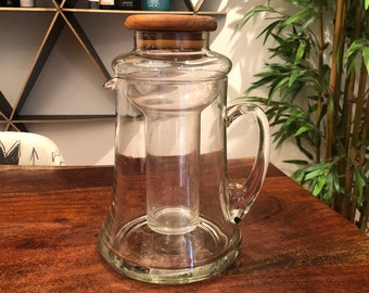 Vintage Danish Modern Hand Blown Glass Iced Tea Pitcher with Ice Cooling Chamber Insert & Wooden Lid Scandinavian Nordic Kitchen Home Decor