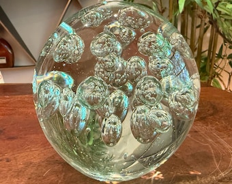 Vintage Clear Bubble Glass Orb Paperweight - Desk Office Accessories - Desk Supplies - Hand Blown Art Glass Figurine