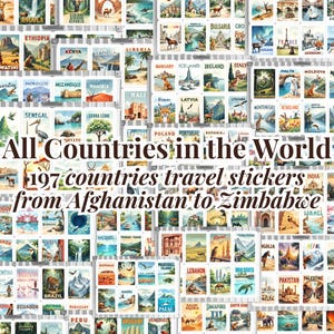 Op de afbeelding: Een verzameling van 197 reisstickers van over de hele wereld, elk met de naam van een ander land en een unieke illustratie. De tekst "All Countries in the World" en "from Afghanistan to Zimbabwe" is ook zichtbaar.