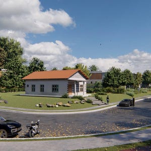 Könnte beinhalten: Ein weißes einstöckiges Haus mit braunem Dach und grünem Rasen. Das Haus hat Fenster und eine Tür. Im Hintergrund befinden sich Bäume und Büsche.