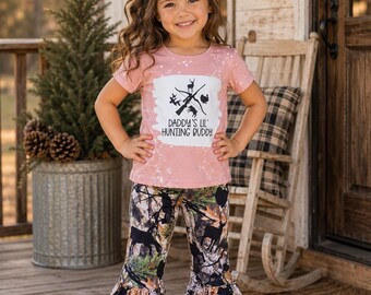 Daddy’s Lil Hunting Buddy Outfit, Girls Camo Bell Bottom Set, Hunting Girl Boutique Outfit, Camouflage Flare Pants Set