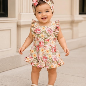 May include: A baby wearing a floral print dress with a matching headband and beige sandals. The dress has a square neckline, ruffled sleeves, and a ruffled hem. The floral pattern includes pink and yellow roses on a cream background.