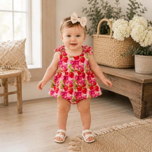 Girls Strawberry Bow Bubble Romper Dress, Pink Strawberry Print Baby Outfit