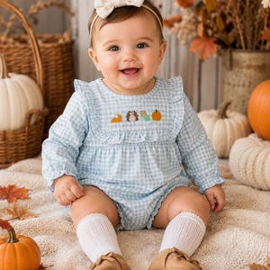May include: A light blue and white gingham long-sleeve romper featuring a ruffled yoke with embroidered autumn motifs including a leaf, a hedgehog, an ear of corn, and a pumpkin, paired with white knit knee-high socks and tan soft-sole shoes.