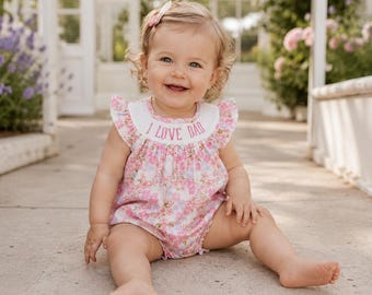 Smocked Bubble Romper, I Love Dad Baby Girl Romper, Floral Baby Outfit, Daddy's Girl Outfit, Father's Day Baby Gift
