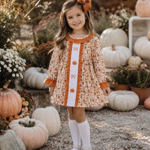 May include: A long-sleeved dress featuring an orange and white floral pumpkin print, a central white panel with embroidered orange pumpkins and bows, ruffled orange trim, a matching orange hair bow, and white knee-high socks with flat shoes.