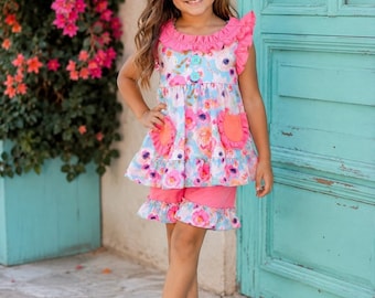 Girls Floral Short Set, Boutique Ruffle Outfit, Coral Floral Girls Outfit, Toddler Boutique Clothing