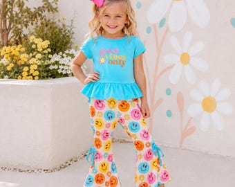 Good Vibes Only Girls Outfit, Smiley Face Hippie Bell Bottom Set, Groovy Toddler Outfit