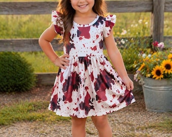 Western Cow Print Dress For Girls, Baby Boutique Dress, Farm Animal Outfit, Cowgirl Toddler Dress, Country Girl Clothing