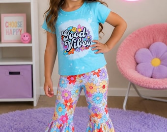 Good Vibes Hippie Girls Outfit, Groovy Bell Bottom Set, Retro Flower Pants Outfit