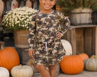 Girls Camo Skort Set, Long Sleeve Camouflage Scallop Top & Skirted Shorts Outfit