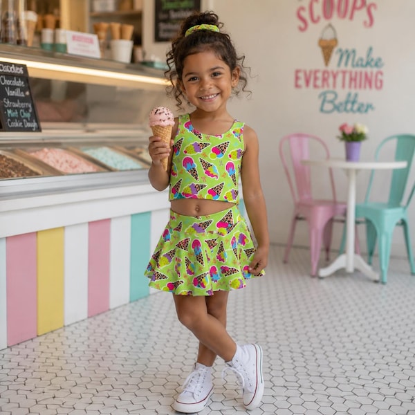 Girls Ice Cream Print Skort Set, Neon Summer Outfit, Bright Treats Activewear