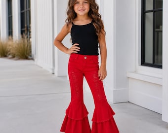 Red Distressed Girls Bell Bottom Jeans, Baby Girl Double Bell Western Pants