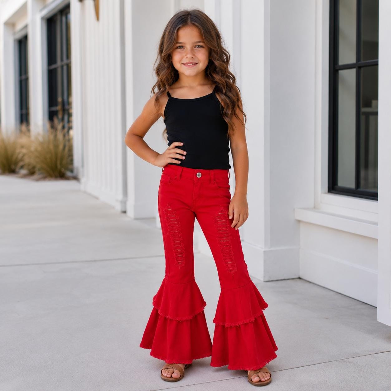 Red Distressed Girls Bell Bottom Jeans, Baby Girl Double Bell Western Pants