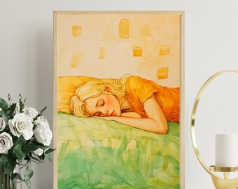 Sleepy Blonde Girl Art, Orange Abstract Print, Contemporary Wall Art, Minimalist Abstract Printable Art, Therapist Decor, Peaceful Art