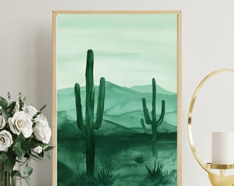 Green Emerald Cactus, Landscape Cactus Print, Mountains Abstract Art, Forest Decor, Wall Art, Calming Home Decor, Minimalist Modern Art