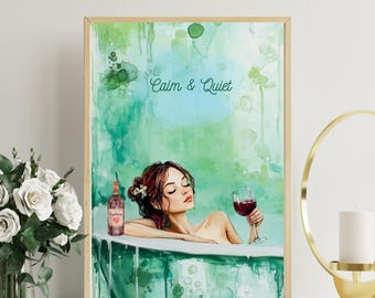 Calm Girl Art, Bathroom Decor, Peaceful Wall Art, Decor Artful, Calming Artwork, Emerald Green Abstract, Cozy Art, Digital Print