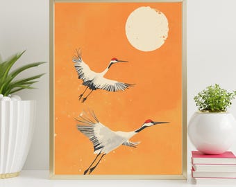 White Cranes to Moon, Orange Cranes Digital Art, Minimalist Art, Birds Flying Art, Abstract Art Print, Bedroom Decor, Calming Wall Art