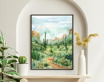 Cactus Art Print, Cactus Landscape Wall Art, Watercolor Art, Green Abstract, Cabin Decor, Arizona Desert Art, Calming Art, Therapist Decor