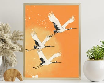 Cranes Over Moon, Orange Art Print, Minimalist Art, Birds Flying Art, Abstract Art Print, Bedroom Decor, Calming Wall Art, Boho Art
