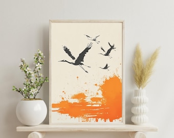 Orange Abstract Print, Cranes Art, Contemporary Wall Art, Minimalist Abstract Printable Art, Birds Print, Digital Art, Therapist Decor