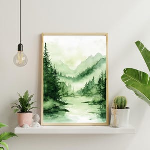 May include: Watercolor painting of a misty forest scene with a river flowing through it. The painting is done in shades of green and white, with a light blue sky in the background.