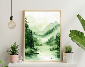 Green emerald Pine Tree, Mountain Watercolor Print, Landscape Art Print, Forest Decor, Wall Art, Abstract Art, Woodland Art, Cabin Art
