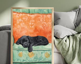 cozy dog on coach, dog printable, dog art print, orange abstract art, minimalist animal art print, calming home decor, animal art print