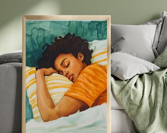 Sleep Girl Art, Trendy Wall Art, Watercolor Print, Orange Wall Art, Calming Wall art, Minimalist Print, Abstract  Wall Art, Cozy Wall Decor