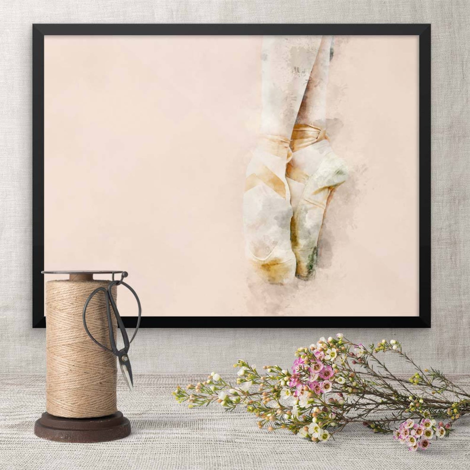 framed art, pink ballet shoes, art for baby girl nursery, birthday gift for dancer dance coach, romantic watercolor picture