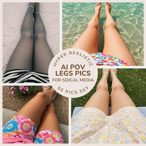 Puede incluir: Un collage de cuatro imágenes que muestran piernas en varios entornos. Una imagen muestra piernas con medias grises, otra en el agua y otras dos con pantalones cortos florales y un vestido floral. El texto central dice "Hyper Realistic AI POV Legs Pics for Social Media 50 Pics Set."