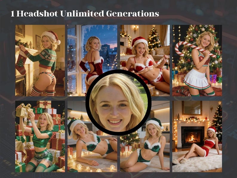 May include: A collage of images featuring a woman in various Christmas-themed outfits. The outfits include Santa hats, lingerie, and festive colors like red, green, and white. The text "1 Headshot Unlimited Generations" is at the top.