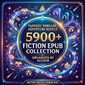 May include: A digital graphic promoting a fiction ebook collection. The image features a central gold-framed circle with the text "FANTASY, THRILLER, ADVENTURE NOVELS" and "5900+ FICTION EPUB COLLECTION." The background is dark blue with swirling light trails and illustrations of books, dragons, and ships.