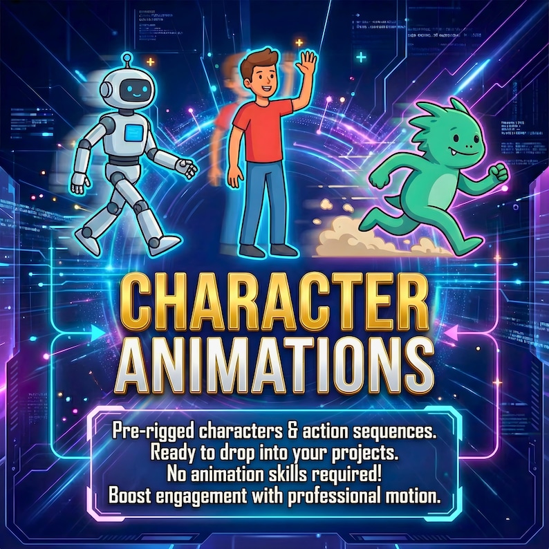 K&ouml;nnte beinhalten: Digitalgrafik, die Charakteranimationen bewirbt. Das Bild zeigt einen Roboter, eine Person und ein gr&uuml;nes Monster. Der Text lautet "CHARACTER ANIMATIONS" und "Pre-rigged characters & action sequences. Ready to drop into your projects. No animation skills required! Boost engagement with professional motion."