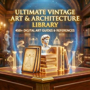 May include: An artistic rendering of a vintage library setting. The image features a collection of books and digital art guides, with the text "ULTIMATE VINTAGE ART & ARCHITECTURE LIBRARY" and "450+ DIGITAL ART GUIDES & REFERENCES". The scene includes a bust and architectural elements.
