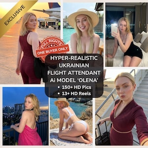 Pode incluir: Uma colagem digital apresentando uma pessoa loira em vários cenários, incluindo um macacão bordô, um chapéu de sol bege com um biquíni dourado, um vestido preto, um top rosa sem costas e um uniforme bordô, com o texto HYPER-REALISTIC UKRAINIAN FLIGHT ATTENDANT AI MODEL OLENA.