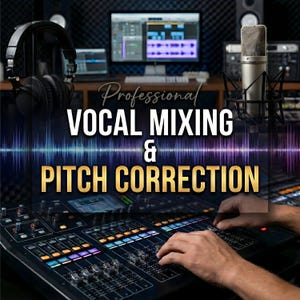 May include: Image promoting professional vocal mixing and pitch correction services. The image features a sound mixing console, a microphone, headphones, and a computer screen displaying audio editing software. The text "Professional Vocal Mixing & Pitch Correction" is prominently displayed.