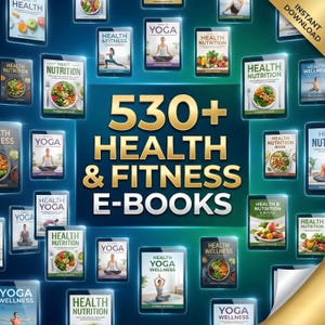 Peut inclure: Image promotionnelle présentant une collection de plus de 530 e-books sur la santé et le fitness. L'image présente divers écrans de tablettes affichant des couvertures de livres liés à la santé, la nutrition, le yoga et le bien-être. Le texte "530+ HEALTH & FITNESS E-BOOKS" est affiché.