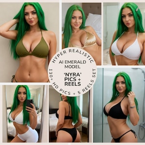 Può includere: Un collage di immagini che presenta una donna con i capelli verdi che indossa vari bikini. I bikini sono in verde oliva, oro, bianco e nero. Il testo sull'immagine recita "HYPER REALISTIC AI EMERALD MODEL 'NYRA' PICS + REELS".