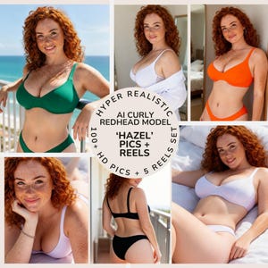 Pode incluir: Uma coleção digital apresentando um modelo de cabelo ruivo cacheado em vários conjuntos de moda praia e lingerie, incluindo peças verdes, brancas e laranja. O texto central diz: HYPER REALISTIC AI CURLY REDHEAD MODEL 'HAZEL' PICS + HD PICS + 5 REELS SET.