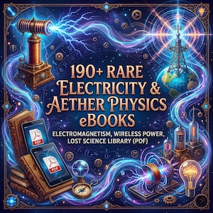 Może przedstawiać: Cyfrowa ilustracja na ciemnoniebieskim tle, przedstawiająca elementy naukowe i technologiczne. Obraz zawiera tekst "190+ RARE ELECTRICITY & AETHER PHYSICS eBooks" oraz "ELECTROMAGNETISM, WIRELESS POWER, LOST SCIENCE LIBRARY (PDF)".