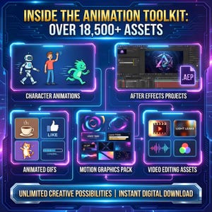 18.500+ Character Design Animation Toolkit, After Effects Vorlagen, Bewegungsgrafikpaket, Videobearbeitungs-Assets, Animiertes GIF-Bundle Bild 2