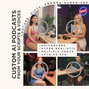 May include: A promotional image for custom AI podcasts. The image shows four panels with people at desks with microphones and headphones. Text includes "Custom AI Podcasts from your scripts & voices" and "Voiceovers, Hyper Realistic, Multiple Shots, Up to 60 sec."