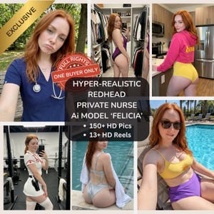 May include: A digital collage featuring a red-haired model in various outfits including a navy blue scrub top with a stethoscope, a purple bodysuit, a pink cropped hoodie with yellow shorts, a white nurse uniform, a silver bodysuit, and a yellow bikini top.