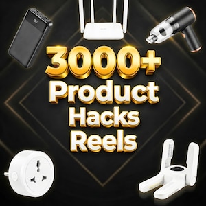 Pode incluir: Imagem com vários gadgets tecnológicos e o texto "3000+ Product Hacks Reels". Os gadgets incluem um power bank preto, um roteador branco, um aspirador de mão, uma tomada inteligente e uma lâmpada LED dobrável.