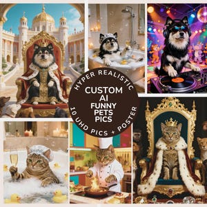 May include: A collage of six images featuring anthropomorphic pets in various scenarios. A dog in a royal setting, a dog in a bathtub, and a dog as a DJ. A cat in a bathtub, a cat as a chef, and a cat as a royal. The images are labeled "Hyper Realistic Custom AI Funny Pets Pics + Poster."