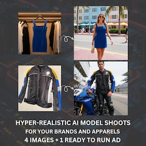 Op de afbeelding: De afbeelding toont een blauwe jurk, een zwart-witte motorjas met gele en blauwe accenten en een persoon die de jas draagt naast een motorfiets. De tekst luidt: HYPER-REALISTIC AI MODEL SHOOTS FOR YOUR BRANDS AND APPARELS 4 IMAGES + 1 READY TO RUN AD.