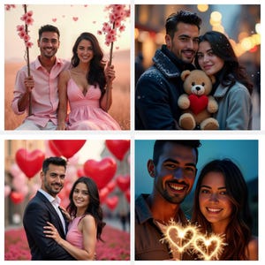 Op de afbeelding: Een verzameling van vier romantische afbeeldingen met een lachend stel. De afbeeldingen tonen het stel in verschillende omgevingen, waaronder een schommel met kersenbloesems, knuffelend met een teddybeer, omringd door hartvormige ballonnen en met sterretjes.