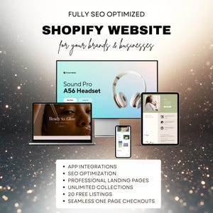 以下が含まれることがあります： Shopifyウェブサイトサービスのプロモーション画像。ラップトップ、デスクトップモニター、タブレット、スマートフォンにウェブサイトのモックアップが表示されています。「Shopify Website」というテキストと、SEO最適化やアプリ連携などの機能をリストした箇条書きが含まれています。